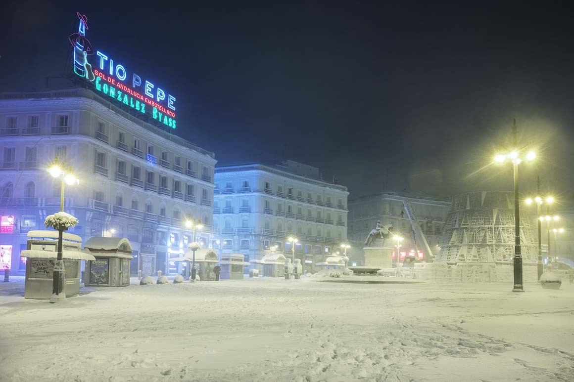 Puerta del Sol de Madrid nevada